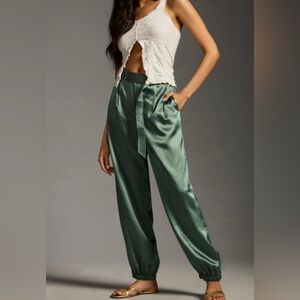 Anthropologie Maeve Green Satin Jogger Pants Size Small